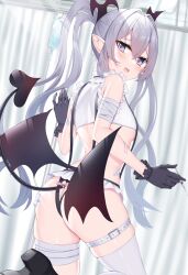 Rule 34 | 1girl, ass, bandaged arm, bandages, bare shoulders, black footwear, black gloves, black panties, breasts, clothing cutout, crop top, demon girl, demon tail, demon wings, fang, frilled shirt, frills, from behind, gloves, grey hair, hair ornament, heart cutout, kanikou, leg up, long hair, looking at viewer, looking back, low wings, midriff, open mouth, original, panties, pointy ears, purple eyes, shirt, shoes, single thighhigh, skindentation, sleeveless, sleeveless shirt, small breasts, solo, suspenders, tail, tail raised, tail through clothes, thigh strap, thighhighs, twintails, underwear, very long hair, white shirt, white thighhighs, wings