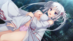 Rule 34 | 1girl, blue eyes, blush, bow, bow panties, breasts, cameltoe, detached sleeves, dutch angle, game cg, hair ornament, highres, japanese clothes, kobuichi, long hair, miko, navel, no bra, official art, open mouth, outdoors, panties, pink panties, ribbon-trimmed sleeves, ribbon trim, senren banka, solo, tomotake yoshino, twintails, underboob, underwear, white hair