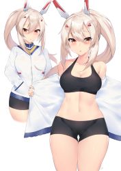 Rule 34 | 1girl, ayanami (azur lane), azur lane, bare shoulders, bike shorts, black shorts, black sports bra, blush, breasts, cleavage, collarbone, gluteal fold, hair between eyes, hair ornament, hairclip, hands in pockets, headgear, heavy breathing, high ponytail, highres, jacket, kuavera, legs together, long hair, looking at viewer, medium breasts, multiple views, off-shoulder jacket, off shoulder, open clothes, open jacket, open mouth, red eyes, shorts, sidelocks, signature, simple background, sports bra, standing, sweat, thigh gap, thighs, white background, white jacket, wide hips