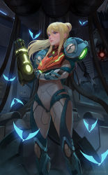 Rule 34 | 1girl, arm cannon, armor, blonde hair, blue eyes, bug, butterfly, glowing, gun, helmet, insect, long hair, looking at viewer, metroid, metroid dread, mole, mole under mouth, nintendo, ponytail, power armor, samus aran, science fiction, sidelocks, simple background, solo, varia suit, visor, weapon, yagaminoue