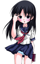 Rule 34 | 1girl, black eyes, black hair, blue skirt, blush, book, breast pocket, breasts, collarbone, holding, long hair, looking at viewer, neckerchief, open mouth, panties, pocket, red neckerchief, sakemasu, school uniform, shirt, short sleeves, skirt, small breasts, solo, standing, striped clothes, striped panties, underwear, upskirt, white background, white panties, white shirt, wind, wind lift