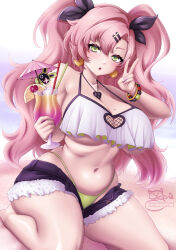Rule 34 | 1girl, :o, artist name, bangboo (zenless zone zero), bare shoulders, black shorts, bra, bracelet, breasts, cleavage, commentary, crop top, cup, earrings, english commentary, green eyes, green pants, highres, holding, holding cup, jewelry, large breasts, long hair, looking at viewer, midriff, nail polish, navel, nicole demara, paid reward available, pants, pink hair, pink nails, sevie, shorts, sitting, solo, teeth, thick thighs, thighs, twintails, twitter username, underboob, underwear, unzipped, upper teeth only, v, very long hair, white bra, zenless zone zero