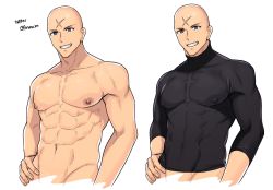 Rule 34 | 1boy, abs, alternate costume, arima (arima bn), bald, bara, blue eyes, bodysuit, cropped torso, cross scar, fate/grand order, fate (series), highres, houzouin inshun (fate), looking at viewer, male focus, multiple views, muscular, navel, nipples, pectorals, scar, skin tight, smile, tight clothes, topless male, upper body