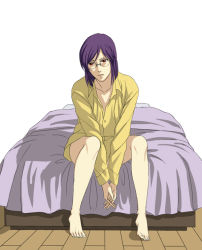 Rule 34 | 00s, 1boy, bad id, bad pixiv id, barefoot, bed, bed sheet, glasses, gundam, gundam 00, male focus, purple hair, red eyes, sakatsuki, shirt, short hair, solo, tieria erde