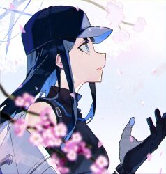 Rule 34 | 1girl, baseball cap, black gloves, black hair, black hat, blue archive, blue eyes, cherry blossoms, coat, from side, gloves, halo, hand up, hat, highres, long hair, looking up, nmnm2332chan, saori (blue archive), solo, white coat