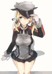 Rule 34 | 10s, 1girl, animal ears, blonde hair, blue eyes, blush, breasts, cat ears, cat girl, chibirisu, female focus, gloves, hand on headwear, hat, kantai collection, kemonomimi mode, large breasts, looking at viewer, low twintails, microskirt, peaked cap, prinz eugen (kancolle), shadow, sitting, skirt, smile, solo, twintails, twitter username, white gloves