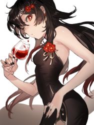 Rule 34 | 1girl, absurdres, alternate costume, alternate hairstyle, black dress, black nails, breasts, brown hair, cup, dress, drinking glass, earrings, flower, from side, genshin impact, hair between eyes, hair flower, hair ornament, hairclip, hanny (uirusu chan), highres, holding, holding cup, hu tao (genshin impact), jewelry, long hair, looking at viewer, multiple rings, nail polish, red eyes, red flower, ring, solo, strapless, strapless dress, symbol-shaped pupils, white background, wine glass