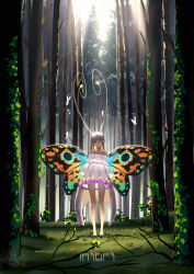 Rule 34 | 1girl, absurdres, antennae, bare shoulders, barefoot, blue eyes, blunt bangs, butterfly wings, dress, flower, forest, fukafusa, glowing, head tilt, highres, insect wings, long hair, looking at viewer, nature, off-shoulder dress, off shoulder, original, pointy ears, silver hair, solo, standing, very long hair, white dress, wings