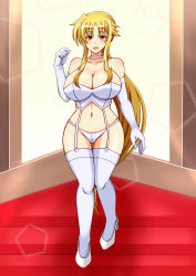 Rule 34 | 1girl, absurdres, bare shoulders, blonde hair, blush, breasts, choker, cleavage, elbow gloves, fate testarossa, full body, gloves, groin, highres, large breasts, long hair, looking at viewer, lyrical nanoha, mahou shoujo lyrical nanoha strikers, navel, open mouth, panties, red eyes, shiny skin, smile, solo, standing, thighhighs, underwear, white gloves, white neckwear, white panties, white thighhighs