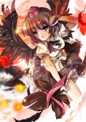 Rule 34 | 1girl, :o, aquamarine, black hair, black skirt, black wings, blush, buttons, female focus, flying, hat, looking at viewer, open mouth, parted lips, puffy short sleeves, puffy sleeves, red eyes, shameimaru aya, shirt, short hair, short sleeves, skirt, solo, tengu, tokin hat, touhou, white shirt, wings