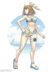 Rule 34 | 1girl, blue eyes, breast tattoo, breasts, brown hair, commentary, eunie (xenoblade), full body, gofelem, grin, head wings, long bangs, medium breasts, navel, official alternate costume, sandals, smile, standing, swimsuit, tattoo, thigh strap, white wings, wings, xenoblade chronicles (series), xenoblade chronicles 3