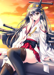 Rule 34 | 10s, 1girl, akino shin, black hair, boots, brown eyes, detached sleeves, hair ornament, hairband, hairclip, hand on own cheek, hand on own face, haruna (kancolle), japanese clothes, kantai collection, long hair, looking at viewer, nontraditional miko, parted lips, personification, ribbon-trimmed sleeves, ribbon trim, skirt, solo, thigh boots, thighhighs, turret