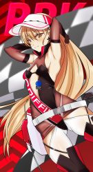 Rule 34 | 1girl, absurdres, aiuti, alternate costume, armpits, arms behind head, belt, black leotard, black thighhighs, blonde hair, breasts, brown eyes, brown gloves, clothes writing, cowboy shot, earrings, elbow gloves, girls&#039; frontline, gloves, highleg, highleg leotard, highres, jewelry, leotard, long hair, multicolored background, official alternate costume, ppk (girls&#039; frontline), ppk (mach tempest) (girls&#039; frontline), race queen, small breasts, smile, standing, thighhighs, two-tone leotard, visor cap, white headwear