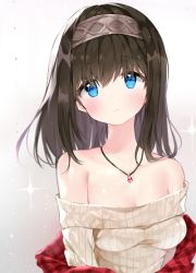 Rule 34 | 10s, 1girl, bad id, bad twitter id, bare shoulders, blue eyes, blush, breasts, brown hair, cleavage, closed mouth, commentary request, hairband, idolmaster, idolmaster cinderella girls, jewelry, liby (libtnvd), looking at viewer, medium breasts, necklace, off shoulder, ribbed sweater, sagisawa fumika, shawl, solo, sparkle, sweater, tareme, upper body