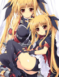 Rule 34 | 00s, 2girls, age comparison, ass, bare shoulders, blonde hair, blush, cape, dual persona, fate testarossa, fate testarossa (movie 1st form), fate testarossa (true sonic form), flat chest, high heels, lyrical nanoha, mahou shoujo lyrical nanoha, mahou shoujo lyrical nanoha strikers, mitsuki mantarou, multiple girls, shoes, thighhighs, time paradox, twintails