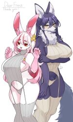 Rule 34 | 2girls, animal ear fluff, animal ears, animal nose, black fur, black hair, blush, body fur, braid, breasts, brown sweater, brown thighhighs, claw pose, commission, furry, furry female, grey sweater, grey thighhighs, highres, holding own arm, large breasts, long hair, looking at viewer, meme attire, multicolored hair, multiple girls, original, pink fur, pink hair, rabbit ears, ribbed sweater, side braid, sideboob, skeb commission, smile, snout, streaked hair, sweater, tail, thighhighs, very long hair, virgin destroyer sweater, white background, wolf ears, wolf girl, wolf tail, zakro