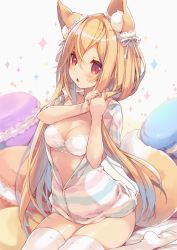 Rule 34 | 1girl, :o, adjusting hair, animal ear fluff, animal ears, bed sheet, blonde hair, blue hair, blush, bra, breasts, cleavage, commentary request, food, fox ears, gradient hair, hair between eyes, hair ribbon, highres, jacket, long hair, macaron, medium breasts, multicolored hair, no pants, no shoes, open mouth, original, p19, partially unzipped, ribbon, shiny skin, simple background, sitting, solo, sparkle, striped clothes, striped jacket, tareme, thighhighs, thighs, underwear, very long hair, virtual youtuber, wariza, white background, white bra, white ribbon, white thighhighs, zipper
