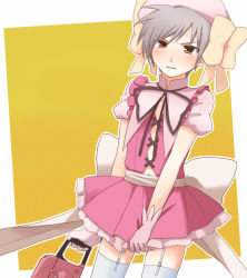 Rule 34 | 10s, 1boy, aikawa ayumu, blush, bow, brown eyes, chainsaw, covering privates, crossdressing, dress, frown, gloves, hat, kore wa zombie desu ka?, magical girl, male focus, masou shoujo, open mouth, pink dress, silver hair, simple background, solo, thighhighs, trap, white thighhighs