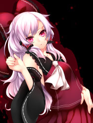 Rule 34 | 1girl, alternate color, alternate hair color, arm tattoo, ascot, bad id, bad pixiv id, bare shoulders, black background, bow, dark persona, detached sleeves, facial tattoo, female focus, hair bow, hair tubes, hakurei reimu, highres, japanese clothes, long hair, miko, nail polish, red eyes, silver hair, simple background, skirt, solo, tattoo, touhou, yutazou