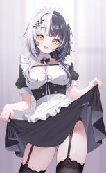 Rule 34 | 1girl, alternate costume, apron, black bow, black bowtie, black dress, black hair, black thighhighs, blunt bangs, blurry, blurry background, blush, bow, bowtie, breasts, chest strap, cleavage, collar, commentary, cowboy shot, detached collar, deyui, dress, english commentary, enmaided, frilled apron, frills, garter belt, garter straps, gluteal fold, highres, hololive, hololive english, large breasts, looking at viewer, maid, maid apron, maid headdress, multicolored hair, open mouth, puffy short sleeves, puffy sleeves, shiori novella, short sleeves, skirt hold, smile, solo, split-color hair, streaked hair, teeth, thighhighs, two-tone hair, upper teeth only, virtual youtuber, waist apron, white collar, white hair, white headwear, yellow eyes