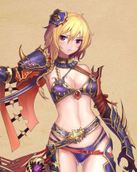 Rule 34 | 1girl, armor, bad id, bad pixiv id, bare shoulders, barefoot, bikini armor, blonde hair, bracer, braid, breasts, cleavage, close-up, copyright request, gauntlets, hair ornament, highres, looking at viewer, mecha musume, medium breasts, midriff, official art, original, revealing clothes, senteiou, solo, tassel