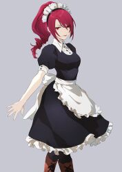 Rule 34 | 1girl, alternate costume, alternate hairstyle, apron, black dress, black pantyhose, boots, brown footwear, buttons, closed mouth, commentary request, dress, enmaided, frilled apron, frilled dress, frills, grey background, isa (peien516), kirijou mitsuru, lips, long hair, maid, maid headdress, pantyhose, persona, persona 3, pink lips, ponytail, puffy short sleeves, puffy sleeves, red eyes, red hair, short sleeves, simple background, smile, solo, waist apron, white apron