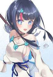 Rule 34 | 1girl, bare shoulders, black hair, blue background, blue eyes, blue ribbon, blush, breasts, collarbone, dress, fate/grand order, fate/requiem, fate (series), gradient background, highres, jewelry, long sleeves, looking at viewer, magatama, magatama hair ornament, medium breasts, medium hair, multicolored hair, necklace, open mouth, pelvic curtain, pink hair, polearm, puffy long sleeves, puffy sleeves, ribbon, seigaiha, short dress, sideboob, sideless outfit, smile, spear, streaked hair, utsumi erice, weapon, white dress, z.m. (zimin)