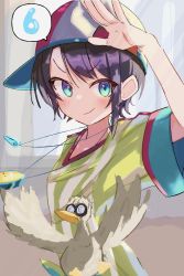 Rule 34 | 1girl, arm up, backwards hat, baseball cap, bird, black hair, blush, closed mouth, commentary request, grey background, hat, highres, hololive, looking at viewer, nosu (pewk x4b), oozora subaru, oozora subaru (1st costume), outstretched arm, purple hair, shirt, short hair, simple background, smile, solo, speech bubble, spoken number, striped clothes, striped shirt, v-shaped eyebrows, vertical-striped clothes, vertical-striped shirt, virtual youtuber, whistle