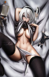 Rule 34 | 1girl, anastasia (asteltainn), arm behind back, artist name, bed sheet, black hairband, black thighhighs, blindfold, blue eyes, blush, breasts, breasts apart, character doll, clothes in mouth, clothes lift, doll, eyelashes, from above, grey hair, groin, hair between eyes, hairband, highres, holding, holding sword, holding weapon, katana, large breasts, lifted by self, looking at viewer, lying, medium breasts, mouth hold, navel, nier:automata, nier (series), no blindfold, no bra, on back, on bed, panties, panty pull, patreon username, pod (nier:automata), pussy, pussy juice, pussy juice puddle, pussy peek, robot, shirt, shirt in mouth, shirt lift, short hair, short sleeves, signature, solo, spread legs, stomach tattoo, stuffed toy, sweat, sword, t-shirt, tassel, tattoo, thighhighs, underboob, underwear, virtuous contract, weapon, white hair, white panties, white shirt, 2b (nier:automata), 9s (nier:automata)