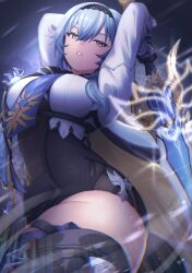 Rule 34 | 1girl, absurdres, arms up, black gloves, black hairband, black shorts, black thighhighs, blue hair, blue necktie, breasts, brown eyes, commentary request, cowboy shot, eula (genshin impact), genshin impact, gloves, hairband, high-waist shorts, highres, holding, holding sword, holding weapon, kirima (user danf8787), large breasts, long hair, long sleeves, looking at viewer, necktie, parted lips, shirt, shorts, solo, song of broken pines (genshin impact), standing, sword, thighhighs, thighs, weapon, white shirt