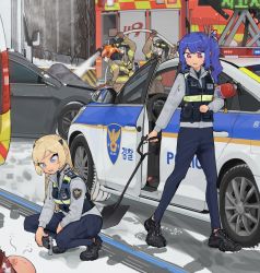 Rule 34 | 1boy, 5girls, bald, blonde hair, blue hair, blue pants, car, commentary request, dongdong (0206qwerty), fire extinguisher, fire truck, firefighter, firefighter jacket, footprints, gas mask, girls&#039; frontline, grey hair, helmet, highres, holding, holding hose, holding shovel, hose, jacket, k11 (girls&#039; frontline), k3 (girls&#039; frontline), k5 (girls&#039; frontline), long sleeves, mask, motor vehicle, multiple girls, outdoors, pants, patch, police car, shirt, shoes, shovel, snow, south korea, squatting, truck, vest, white shirt, winter, wreckage