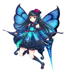 Rule 34 | 1girl, bad id, bad pixiv id, black hair, blue dress, blue eyes, detached sleeves, dress, fairy, fairy wings, frilled dress, frilled legwear, frilled sleeves, frills, long hair, looking at viewer, open mouth, original, solo, sugarv, sword, weapon, wings