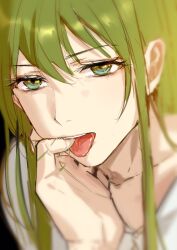 Rule 34 | 1other, androgynous, chain, enkidu (fate), fate/strange fake, fate (series), glowing, glowing clothes, glowing eyes, green eyes, green hair, hair between eyes, highres, long hair, looking at viewer, male focus, robe, rrr (reason), shirt, smile, solo, upper body, very long hair, white robe, white shirt, yellow eyes