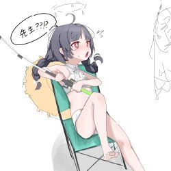 Rule 34 | 1boy, 1girl, ahoge, barefoot, bikini, black hair, blue archive, blush, braid, bright pupils, camping chair, doodle sensei (blue archive), fishing, fishing hook, fishing rod, foot out of frame, halo, hat on back, highres, holding, holding fishing rod, long hair, meyu, miyu (blue archive), miyu (swimsuit) (blue archive), official alternate costume, open mouth, red eyes, sensei (blue archive), simple background, sitting, sketch, solo focus, speech bubble, surprised, sweatdrop, swimsuit, twin braids, white background, white bikini, white pupils