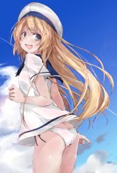 Rule 34 | 1girl, :d, arm at side, ass, bikini, black ribbon, blonde hair, blue sailor collar, blue sky, blush, cloud, cowboy shot, day, from side, green eyes, hat, jervis (kancolle), kantai collection, long hair, looking to the side, no pants, open mouth, outdoors, panties, ribbon, sailor collar, sailor hat, sailor shirt, shiny clothes, shirt, short sleeves, side-tie panties, sky, smile, solo, standing, string bikini, swimsuit, tareme, thighs, underwear, v-shaped eyebrows, very long hair, white bikini, white hat, white panties, white shirt, yumesato makura
