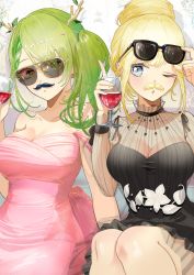 Rule 34 | 2girls, absurdres, alternate costume, antlers, black dress, blonde hair, blue eyes, braid, breasts, ceres fauna, cowboy shot, cup, dress, drinking glass, fake facial hair, fake mustache, french braid, green hair, hair bun, highres, holding, holding cup, hololive, hololive english, horns, iris (tb33064667), looking at viewer, multiple girls, official alternate costume, one eye closed, pink dress, see-through, side ponytail, single hair bun, sleeveless, sleeveless dress, sunglasses, virtual youtuber, watson amelia, watson amelia (party dress), yellow eyes