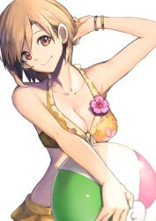 Rule 34 | 1girl, aiba yumi, arm up, ball, bangle, bare shoulders, beachball, blonde hair, bracelet, breasts, brown eyes, cleavage, collarbone, commentary request, floral print, halterneck, head tilt, holysnow, idolmaster, idolmaster cinderella girls, jewelry, looking at viewer, medium breasts, short hair, simple background, smile, solo, swimsuit