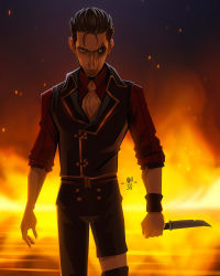 Rule 34 | 1boy, absurdres, arcane: league of legends, artist name, ascot, black pants, black sclera, black vest, brown eyes, collared shirt, colored sclera, cowboy shot, embers, fire, glowing, glowing eye, grey ascot, heterochromia, highres, holding, holding knife, knife, league of legends, long sleeves, nina kunze, pants, red shirt, scar, scar across eye, scar on face, serious, shirt, short hair, silco (arcane), standing, striped clothes, striped shirt, vest, yellow eyes