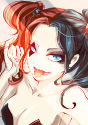 Rule 34 | 1girl, bare shoulders, blue eyes, blue hair, breasts, cleavage, dc comics, harley quinn, large breasts, looking at viewer, multicolored hair, red hair, solo, tongue, tongue out, two-tone hair, upper body