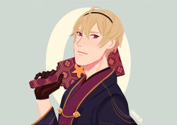 Rule 34 | 1boy, blonde hair, fire emblem, fire emblem fates, from side, gloves, gold trim, grin, japanese clothes, leo (fire emblem), looking at viewer, male focus, new year, nintendo, no lineart, signature, simple background, smile, solo