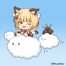 Rule 34 | 1girl, :3, ;d, animal, animal ears, bare shoulders, blonde hair, blue background, brown eyes, chibi, closed mouth, cloud, commentary request, detached sleeves, dog, dog ears, fang, gradient background, granblue fantasy, hands up, long sleeves, looking at viewer, mitya, notice lines, one eye closed, open mouth, shirt, sleeveless, sleeveless shirt, smile, solid circle eyes, solo, twitter username, vajra (granblue fantasy), white shirt, white sleeves, wide sleeves