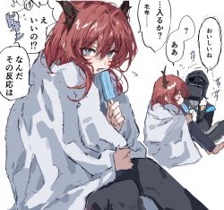 Rule 34 | 1girl, 1other, ^^^, ^ ^, arknights, barefoot, black jacket, black pants, blue eyes, closed eyes, commentary request, doctor (arknights), flying sweatdrops, food, hair between eyes, highres, holding, holding food, hood, hood up, hooded jacket, horns, ice cream, ice cream cone, jacket, long hair, looking at viewer, na tarapisu153, open mouth, pants, popsicle, red hair, simple background, soft serve, surtr (arknights), sweat, towel, translation request, white background