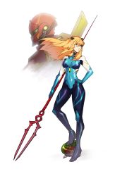 Rule 34 | 1girl, alternate costume, alternate hair color, bident, blonde hair, blue bodysuit, blue eyes, bodysuit, breasts, closed mouth, cosplay, covered navel, full body, hair ornament, hand on own hip, highres, holding, holding polearm, holding spear, holding weapon, lokii, long hair, looking away, medium breasts, metroid, metroid (creature), metroid dread, mole, mole under mouth, neon genesis evangelion, nintendo, pilot suit, plugsuit, polearm, samus aran, serious, simple background, solo, souryuu asuka langley, souryuu asuka langley (cosplay), spear, standing, weapon