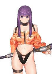 Rule 34 | 1girl, absurdres, alternate costume, bikini, bikini under clothes, black collar, blunt bangs, breast pocket, closed mouth, collar, commentary request, detached collar, fern (sousou no frieren), frilled collar, frills, highleg, highleg bikini, highres, holding, holding staff, jacket, long hair, long sleeves, looking at viewer, mage staff, midriff, navel, off-shoulder jacket, off shoulder, orange jacket, oshiri seijin, pocket, purple eyes, purple hair, sidelocks, solo, sousou no frieren, sports bikini, staff, straight hair, swimsuit, thigh strap, white background, zipper pull tab