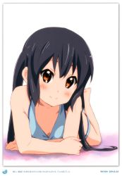 Rule 34 | 1girl, 2011, absurdres, bikini, black hair, blush, brown eyes, dated, errant, highres, k-on!, light smile, long hair, looking at viewer, lying, nakano azusa, on stomach, sidelocks, simple background, smile, solo, swimsuit, twintails