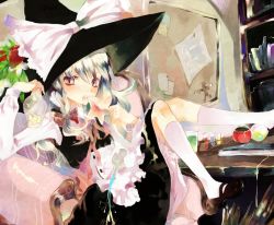 Rule 34 | 1girl, bad id, bad pixiv id, blonde hair, book, braid, doll, eating, english text, female focus, hair ribbon, hat, kirisame marisa, prino hawell, ribbon, solo, star (symbol), test tube, touhou, voodoo doll, witch, witch hat