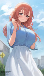 Rule 34 | 1girl, artist name, blouse, blue shirt, blush, breasts, breasts squeezed together, brown eyes, cloud, cloudy sky, commentary, cowboy shot, fanbox username, furrowed brow, hair between eyes, hands up, high-waist skirt, highres, huge breasts, inui shinju, long hair, looking at viewer, nhaliz, outdoors, patreon username, pink hair, shirt, signature, skirt, sky, smile, solo, sono bisque doll wa koi wo suru, standing, sweatdrop, watermark, web address, white skirt