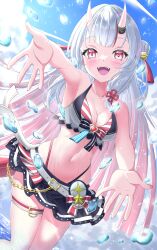 Rule 34 | 1girl, absurdres, bikini, breasts, cleavage, highres, hololive, horns, looking at viewer, medium breasts, nakiri ayame, open mouth, paradox (hatto air), skin-covered horns, smile, solo, striped bikini, striped clothes, swimsuit, virtual youtuber, white hair
