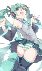 Rule 34 | 1girl, bad id, bad pixiv id, boots, detached sleeves, from behind, green eyes, green hair, hatsune miku, headphones, hmniao, long hair, looking back, m/, matching hair/eyes, microphone, nail polish, necktie, open mouth, panties, simple background, skirt, solo, striped clothes, striped panties, thigh boots, thighhighs, twintails, underwear, very long hair, vocaloid, white background