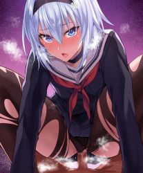 Rule 34 | 1boy, 1girl, absurdres, black hairband, blue eyes, blush, breasts, clothed sex, cowgirl position, girl on top, hair intakes, hair ornament, hairband, hetero, highres, ijima yuu, long sleeves, looking at viewer, open mouth, penis, pussy, ryuuou no oshigoto!, sex, short hair, silver hair, skirt, small breasts, snowflake hair ornament, sora ginko, spread legs, straddling, torn clothes, vaginal